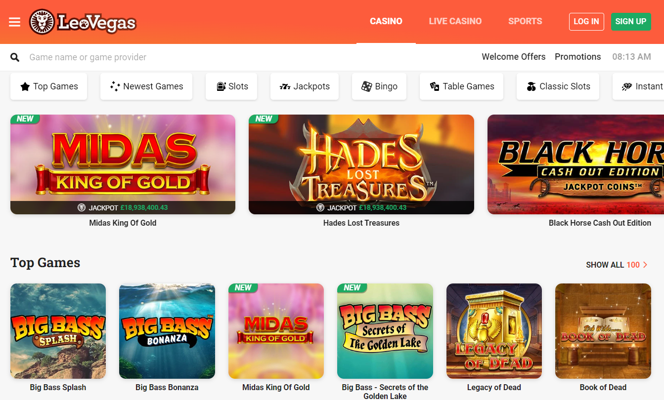 LeoVegas casino lobby screenshot
